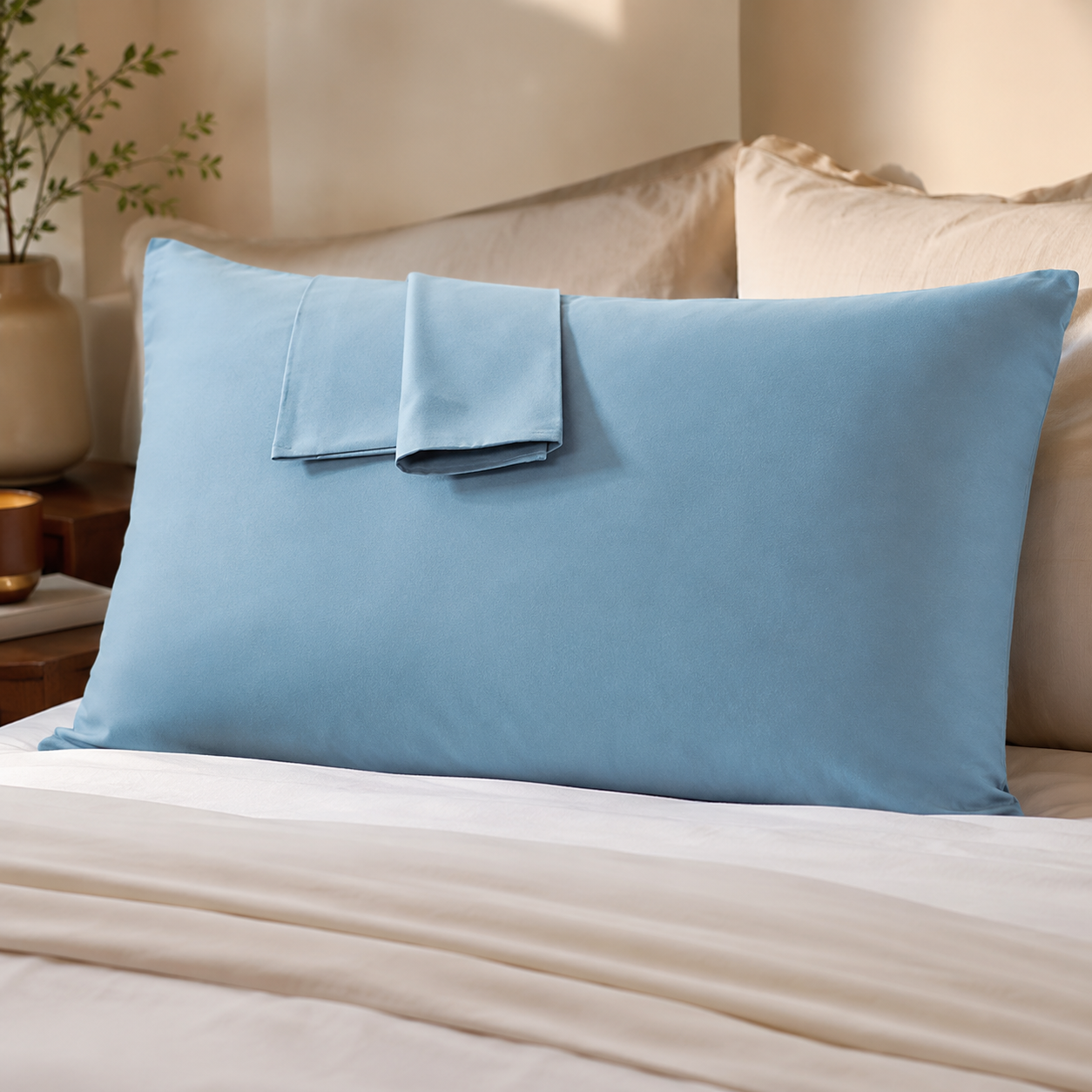 Taie d'oreiller 100% coton 50x70 cm unie – taie posée sur un lit
